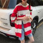 Color-block Striped Elbow-sleeve T-shirt
