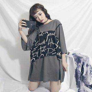 Set: Spaghetti Strap Striped Top + 3/4-sleeve Mini Dress