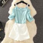 Set: Cold-shoulder 3/4-sleeve Pinstriped Shirt + Plain Wide-leg Shorts