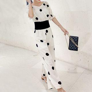 Set: Short-sleeve Dotted Top + Wide Leg Pants