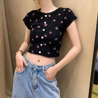 Floral Print Short-sleeve Cropped Pointelle Knit Top