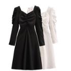 Long-sleeve V-neck Ruched Midi A-line Dress