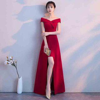 Short-sleeve Off Shoulder A-line Maxi Evening Dress