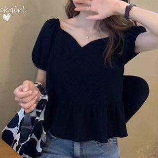 Puff-sleeve Cropped Chiffon Blouse
