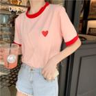 Heart Print Short-sleeve Ringer T-shirt As Shown In Figure - One Size