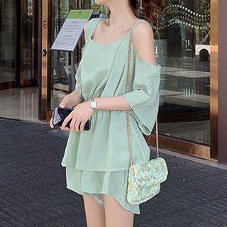 Set: 3/4-sleeve Cold Shoulder Top + Wide-leg Shorts