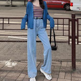 High-waist Straight-cut Jeans / Striped Camisole Top / Cropped Cardigan / Set
