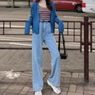High-waist Straight-cut Jeans / Striped Camisole Top / Cropped Cardigan / Set