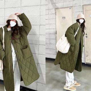 Dual-pocket Quilted Long Coat Khaki - One Size