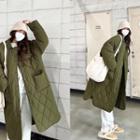 Dual-pocket Quilted Long Coat Khaki - One Size