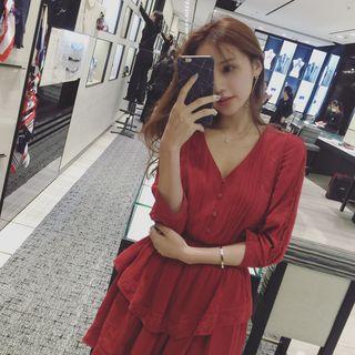 3/4-sleeve Frill-trim A-line Mini Dress