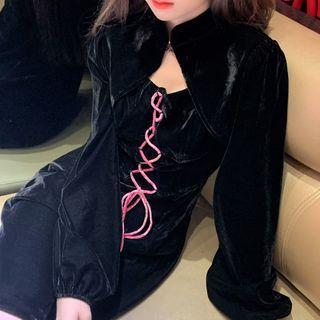 Set: Long-sleeve Cropped Top + Spaghetti Strap Mini Dress Black - One Size