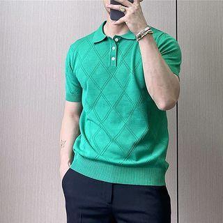 Short-sleeve Argyle Knitted Polo Shirt