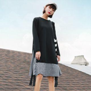 Mock Two-piece Long-sleeve Plaid Panel Dress Black - One Size
