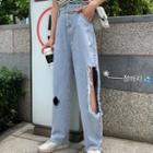 Plain High-waist Washed Ripped Jeans
