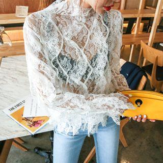 Mock-neck Frilled Sheer Lace Top