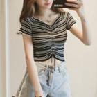 Short-sleeve Striped Drawstring Crop Top