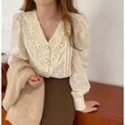 V-neck Button-up Lace Blouse Almond - One Size