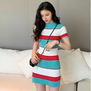 Short-sleeve Striped Dress Blue - One Size