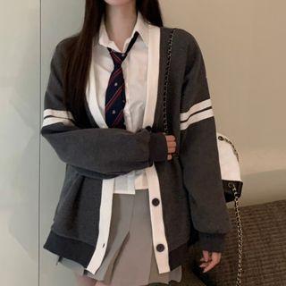 Contrast Trim Cardigan / Long-sleeve Plain Shirt / Mini Pleated Skirt / Neck Tie