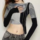Long-sleeve Tie-dyed Asymmetrical Crop T-shirt Black - One Size