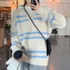 Striped V-neck Sweater Off White - One Size