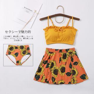 Set: Spaghetti Strap Swim Top + Print Skirt + Bottom