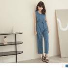 Windowpane V-neck Sleeveless Jumpsuit