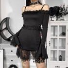 Bell-sleeve Off-shoulder Lace Trim Mini Bodycon Dress