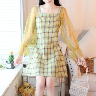 Mesh-panel Beaded Check A-line Dress