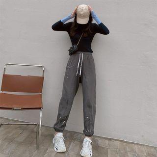 Color-block Knit Long-sleeve Top / High Waist Color-block Pants