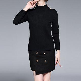 Set: Mock Turtleneck Sweater + Double-breasted Mini Pencil Skirt
