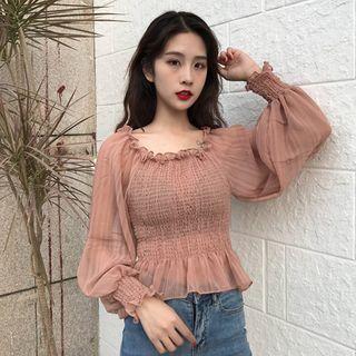 Off-shoulder Long-sleeve Smocked Blouse