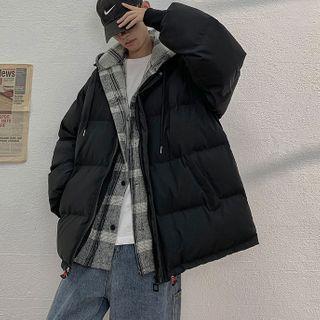 Mock Two-piece Plaid Panel Hooded Padded Jacket