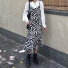 Plain Collared Blouse / Spaghetti Strap Zebra Pattern Dress