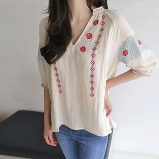 Open-placket Floral Embroidered Top