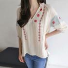 Open-placket Floral Embroidered Top