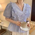 Puff-sleeve Collared Frill Trim Blouse