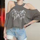 3/4-sleeve Cold Shoulder Print T-shirt
