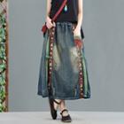 Floral Denim Midi A-line Skirt
