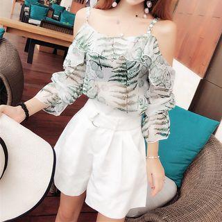 Set: Off Shoulder Elbow-sleeve Chiffon Top + Shorts