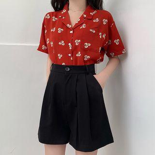 Floral Print Short-sleeve Shirt / High-waist Wide Leg Shorts