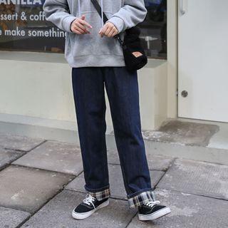 Plaid Panel Cropped Straight-fit Jeans