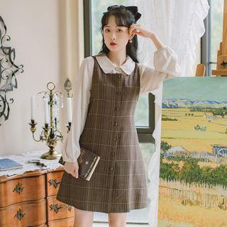 Long-sleeve Shirt / Plaid Mini A-line Pinafore Dress /set