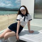 Short-sleeve Collared Lettering Cropped Top
