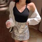 Long-sleeve Open-front Shirt / Spaghetti Strap Top / Fitted Sequined Mini Skirt