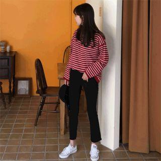 Loose-fit Stripe Knit Top Red Brown - One Size