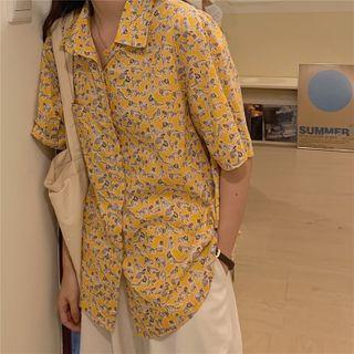 Short-sleeve Cat Print Shirt Yellow - One Size