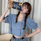 Double-breasted Square-neck Puff-sleeve Denim Blouse