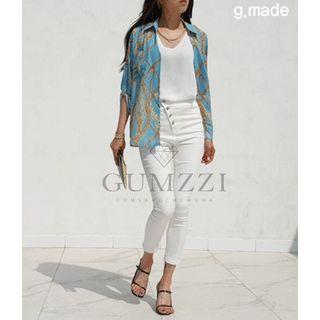 V-neck Chain Print Blouse Sky Blue - One Size